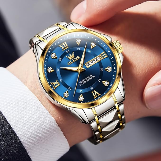 OLEVS Men’s Fashion Diamond Analog Quartz Watch with Stainless Steel Strap, Waterproof Design, Luminous Display & Date Function